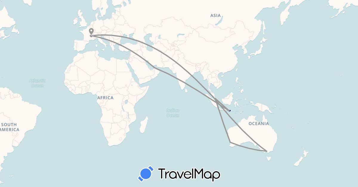 TravelMap itinerary: driving, plane in United Arab Emirates, Australia, France, Indonesia, Malaysia, Singapore (Asia, Europe, Oceania)